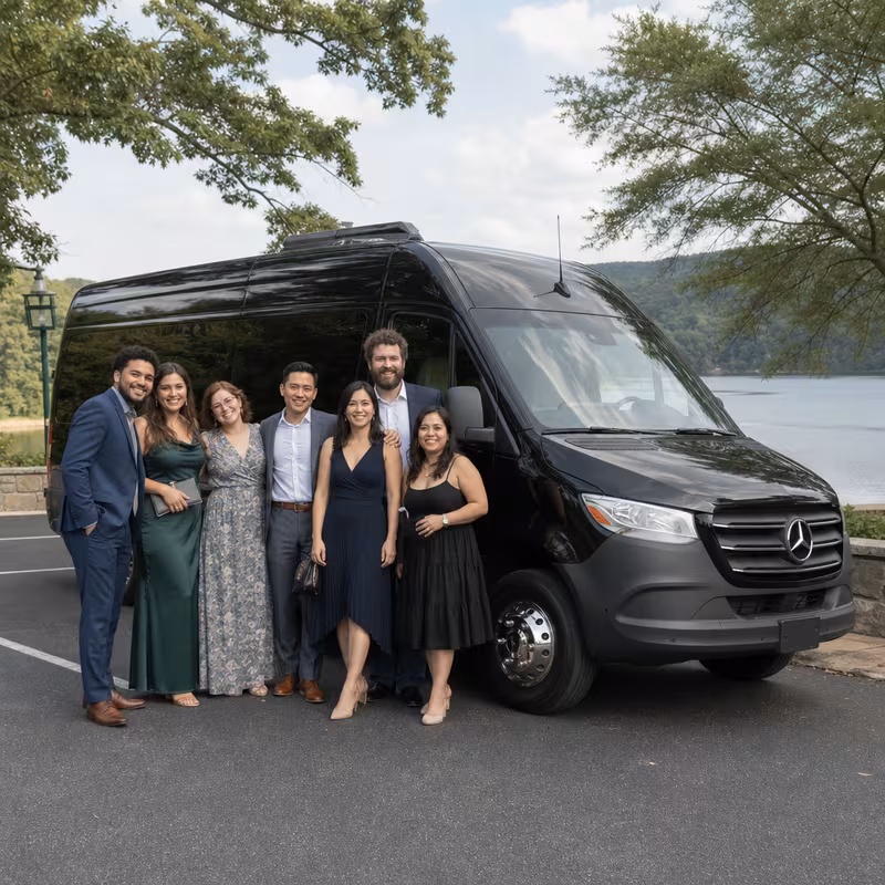 Group beside a Mercedes Sprinter limo from the Durham fleet