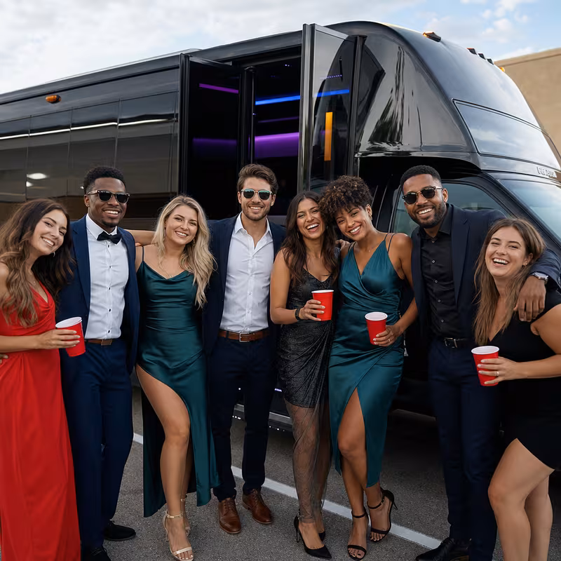 Party bus interior with wraparound leather seating and LED lighting in Durham
