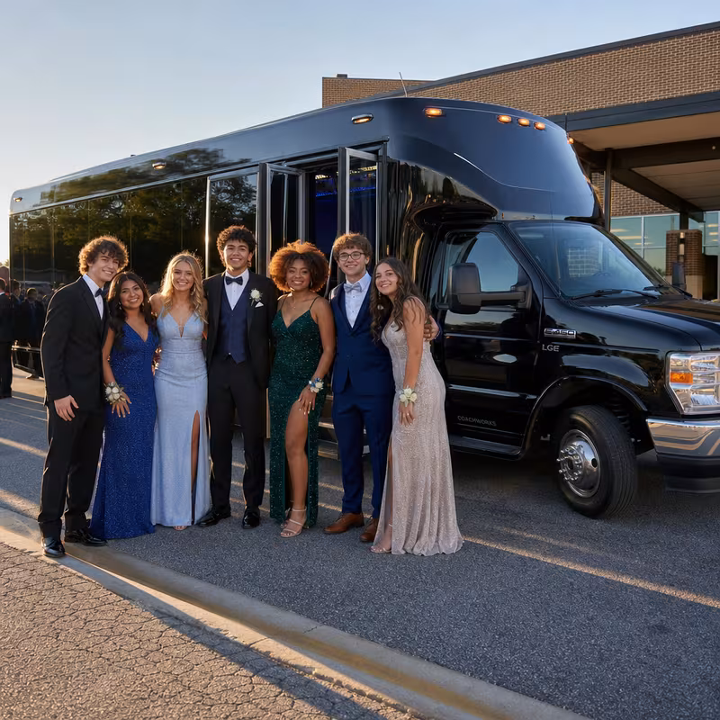 Group boarding a white charter bus for Prom & Homecoming Transportation transportation in Durham